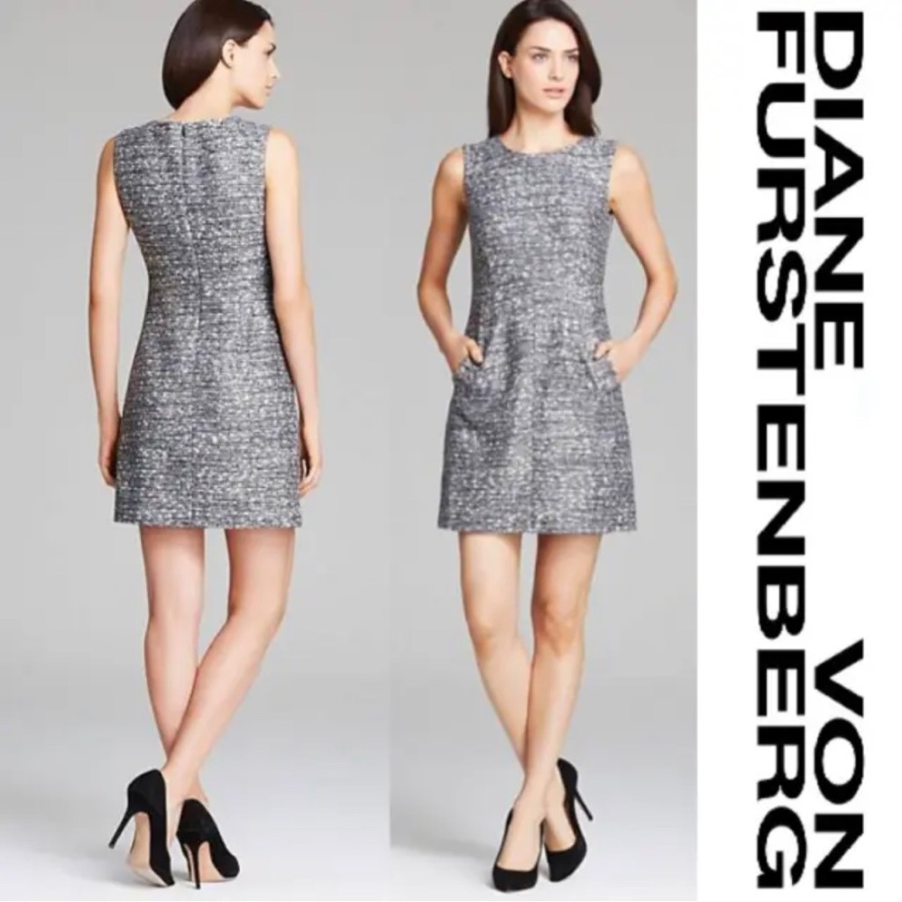 NWT DVF Diane von Furstenberg Gray Metallic Tweed Carpreena S/L Dress 10 $398